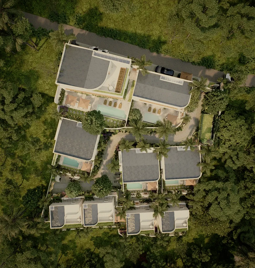 Aerial masterplan showing the position of nine villas